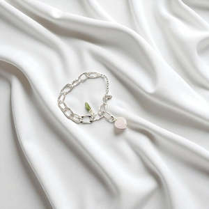 Rose Quartz & Peridot crystal sterling silver charm bracelet