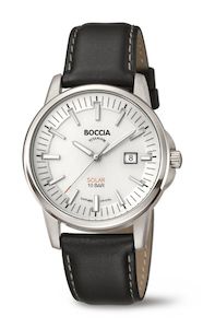 Boccia: Boccia Mens Leather strap white and silver face Solar watch