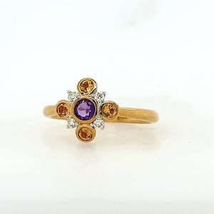 Fancy Colour: 9ct yellow Gold Amethyst, Citrine and Diamond Ring