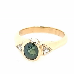 Fancy Colour: 9ct Yellow Gold Teal Sapphire and Diamond Ring
