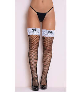 Stockings: Fishnet Thigh Highs With White Lace Band Top.