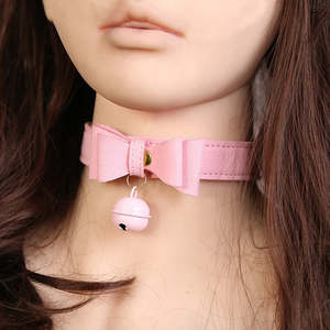 Collars: PINK PU Leather Bow Choker Collar with bell