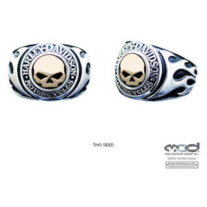Harley Mens Rings: hmr0019 HARLEY® Men`s Signet Ring , Flames Willie G Skull 14kt Gold Inlay HMR0019