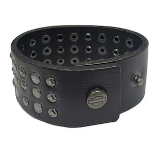 mw-mau601-blk-sm HARLEY Men's Triple Row Stud Leather Cuff Bracelet Adjustable W&hellip;