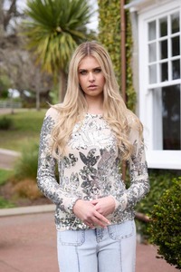 Sequins: Corbett Sequin Long Sleeve Top Cream Silver