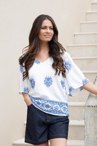 Louise Embroidered V Neck Top White Blue