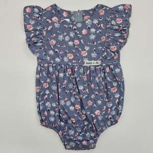 Ivy Collection: Ivy Ruffle Romper - Blue with Pink Floral