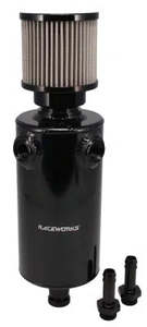 Catch Cans Tanks: 1L ROUND CATCH CAN WITH TWIN AN-8 ORB PORTS AND EXT BREATHER | ALY-245BK