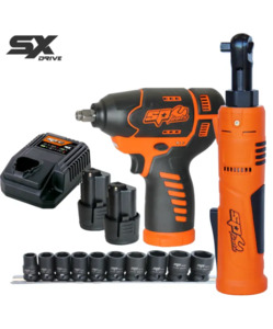 Sp Tools: SP Tools 12V 3/8"DR Combo Impact Wrench & Mini Ratchet Wrench Kit - 2.5AH X 2 Batteries & Impact Socket Set - SX DRIVE