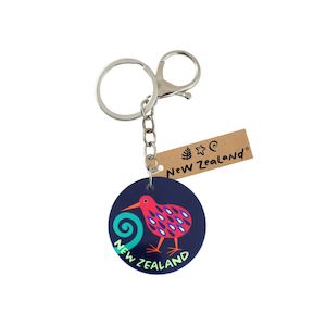Products: Keyring w/Clip NZ Round Colourful Kiwi 45mm - Avalon International