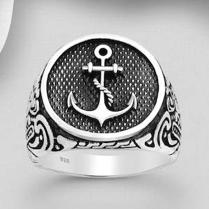 Mens Sterling Silver Anchor Signet Ring