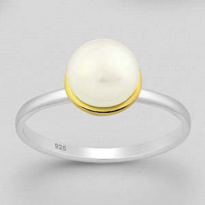 Freshwater Pearls: Sterling Silver Ring, Decorated with Freshwater Pearl, Plated with 3 Micron 22K Yellow Gold and White Rhodium
