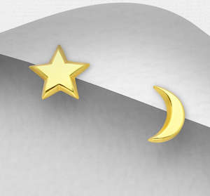 Gold Jewellery: Sterling Silver Star & Moon Stud Earrings Plated with 1 Micron 18K Yellow Gold