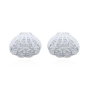 Sterling Silver CZ Clam Shell Stud Earrings