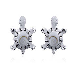 Earrings: Sterling Silver Oxidized Turtle Stud Earrings with Shiva Shell