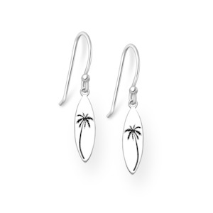 Home Bestseller Earrings: Sterling Silver Oxidized Palm Tree Surfboard Dangly Earrings