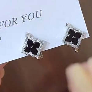 Black & Silver Flower Earrings - Plated