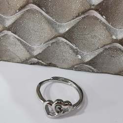 Jewellery: Double Heart Fully Adjustable - Sterling Silver Ring