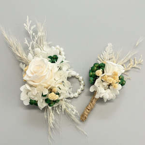 Wrist Corsages Set - Cream/White/Forrest Green