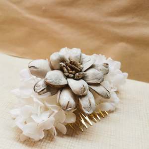 Wrist Corsages: Preserved Hydrangea & Sola Flower hair slide
