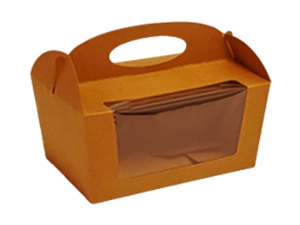 Cake Boxes Cardboard: Medium Bakery Window Box with handle 120mm x 90mm x 90mmH. 50/slv 500/Ctn