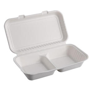 Biodegradable Compostable Containers: 9"x6" 2 compartment sugarcane Lunch Box 50/slv 250 ctn