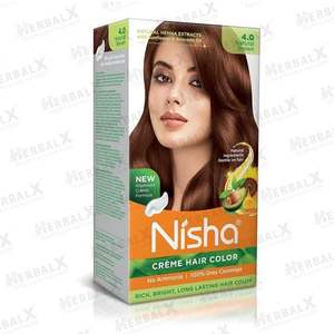 Products: Nisha Natural Brown Creme Hair Color Silky & Shiny 100% Grey Coverage Ammonia Free Natural Henna Extract – 60g+60ml – KOTTAKKAL AYURVEDA NZ