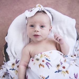 Wraps Swaddles: Boho Posy baby jersey wrap & topknot set