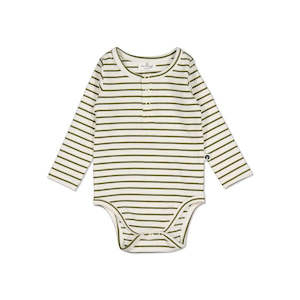 Bodysuits: Henley Rib Bodysuit Olive Stripe Newborn