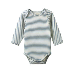 Bodysuits: Cotton Long Sleeve Bodysuit Teal Stripe