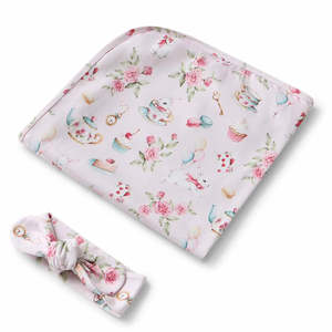 Blankets: Snuggle Hunny Kids Alice's Tea Party Organic Jersey Wrap & Topknot Set