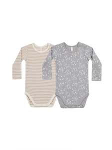 Baby: Quincy Mae Ribbed Bodysuit 2 pack Fleur & Oat Stripe