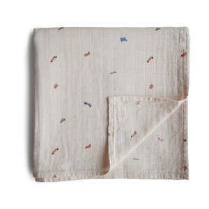 Mushie Organic Cotton Muslin Swaddle Blanket Retro Cars