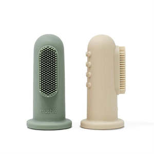 Care: Mushie Finger Toothbrush Shifting Sand/Cambridge Blue