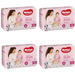 Huggies Ultra Dry - Size 4 VALUE BOX (10-15kg) GIRLS 144 Nappies