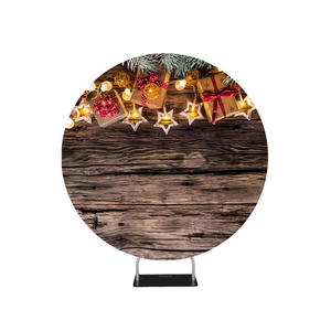 Circle Round Photo Booth Backdrop: Christmas Wooden Background with Decorations and Gift Boxes Circle backdrop stand