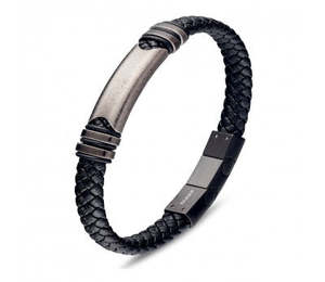 Bangles: Men's Black Leather Plaid Bangle With Vintage Steel Bar Detail