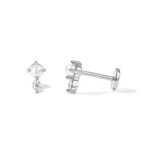 Pearl Birthstone Collection: Sterling Silver Flat Back SINGLE Earring With Pearl And Cz