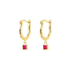 July Ruby Birthstone Collection: Beaten Hoop Earrings With Ruby Cz Drop Charm