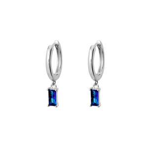 Sapphire Birthstone Collection: Sterling Silver Sapphire Cz Baguette Hoop Earrings