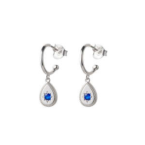 Sapphire Birthstone Collection: Sterling Silver Stud Hoop With Sapphire Cz Drop Charm