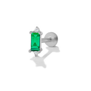 Flat Back Single Earring With Emerald Baguette And Clear CZ