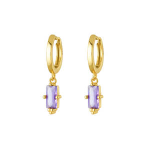 Gold Plated Huggie Earrings With Baguette Cut Light Amethyst Cz