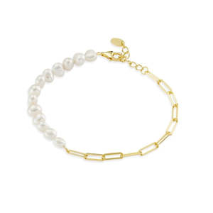 Gold Plated Paperclip Link And Freshwater Pearl Bracelet