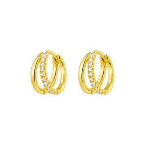 Huggies: Sterling Silver/Gold Plated Double Hoop Huggie Earrings With Cz Detail