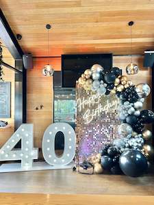 Light Up Number Hire: Rose gold Shimmer Wall and light up numbers