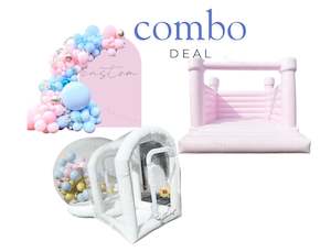 Pink Castle + Bubble House + Custom Balloon Arch Birthday Package