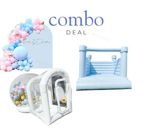 Blue Castle + Bubble House + Custom Balloon Arch Birthday Package