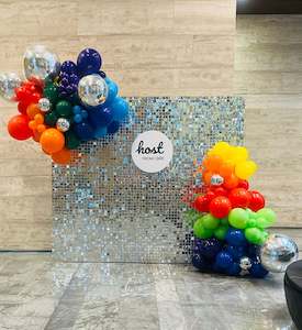 Corporate Silver Shimmer Backdrop and balloon garland