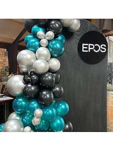Corporate Balloon Packages: Black ripple arch and ballons and signage